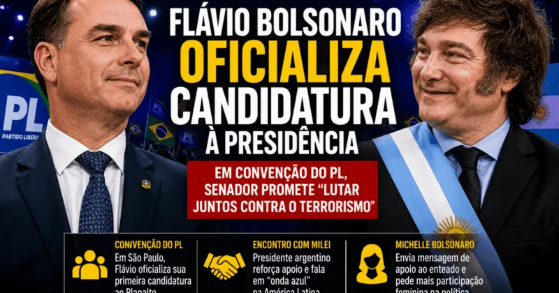 Flávio Bolsonaro lança candidatura presidencial com apoio de Milei